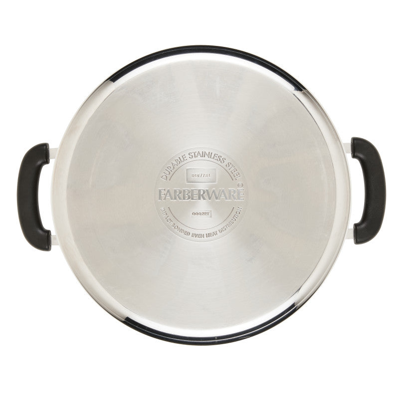 8-Quart Stainless Steel Stockpot lid with black handles, top view.