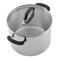 8-Quart Stainless Steel Stockpot with black handles and glass lid.