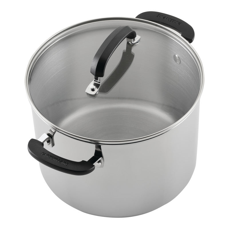 8-Quart Stainless Steel Stockpot with black handles and glass lid.