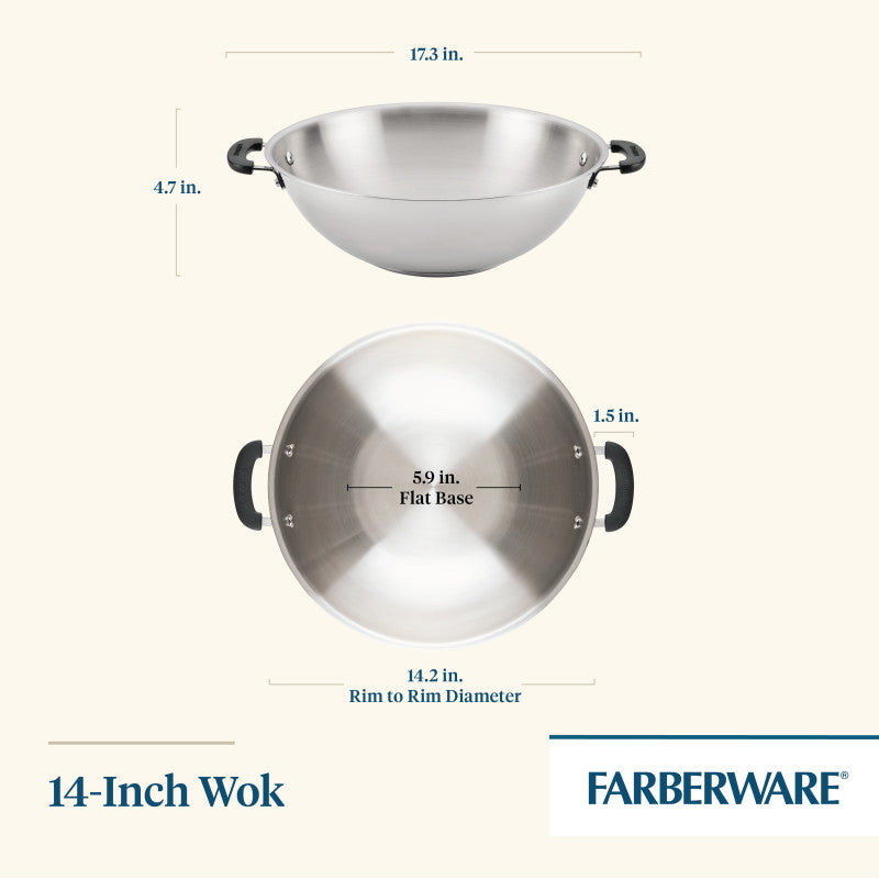 Diagram of 14-Inch Stainless Steel Wok for everyday cooking.