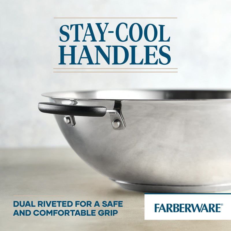 14-Inch Stainless Steel Wok with black stay-cool handle for daily cooking.