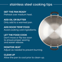 14-Inch Stainless Steel Wok with six cooking tips on a blue background.