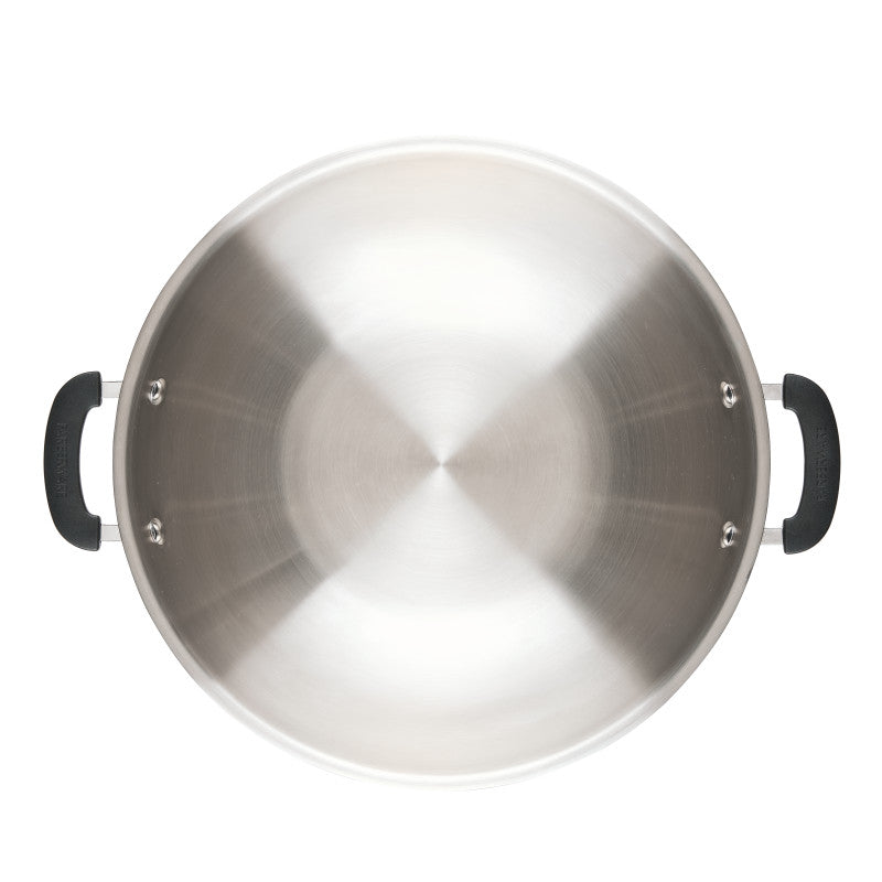 Top view of 14-Inch Stainless Steel Wok with black handles for daily cooking.