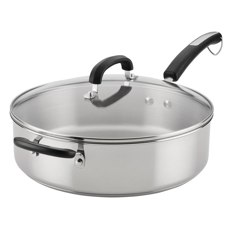 Farberware 6-Quart Saute Pan with Lid and Helper Handle, stainless steel.