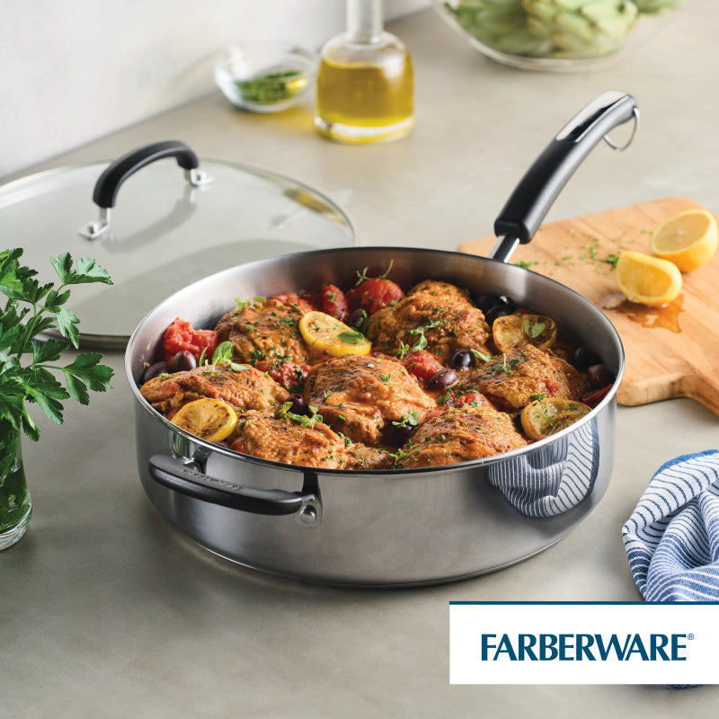 6-Quart Saute Pan with Lid and Helper Handle with chicken, tomatoes, lemons.