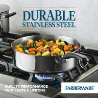 A 6-quart saute pan with lid and helper handle on a gas stove with veggies.