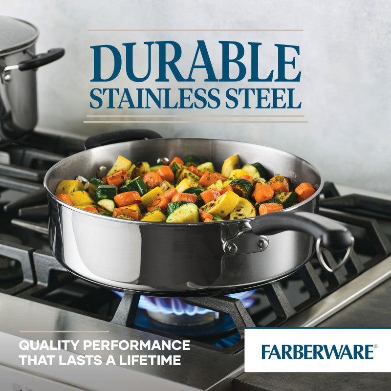 A 6-quart saute pan with lid and helper handle on a gas stove with veggies.