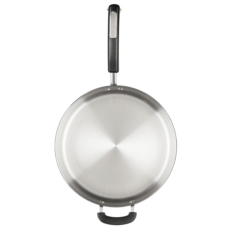 Top view of 6-Quart Saute Pan with Lid and Helper Handle on white background.