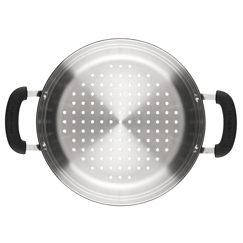 Top view of a 10 Inch Steamer Insert Stainless Steel with black handles.