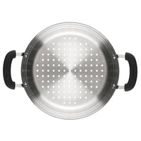 Top view of a 10 Inch Steamer Insert Stainless Steel with black handles.