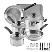 14-Piece Stainless Steel Cookware Set with lids, tools, and baking sheet.