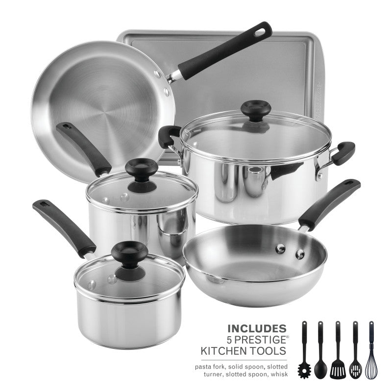 14-Piece Stainless Steel Cookware Set with lids, tools, and baking sheet.