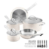 14-Piece Stainless Steel Cookware Set with modern design and black utensils.