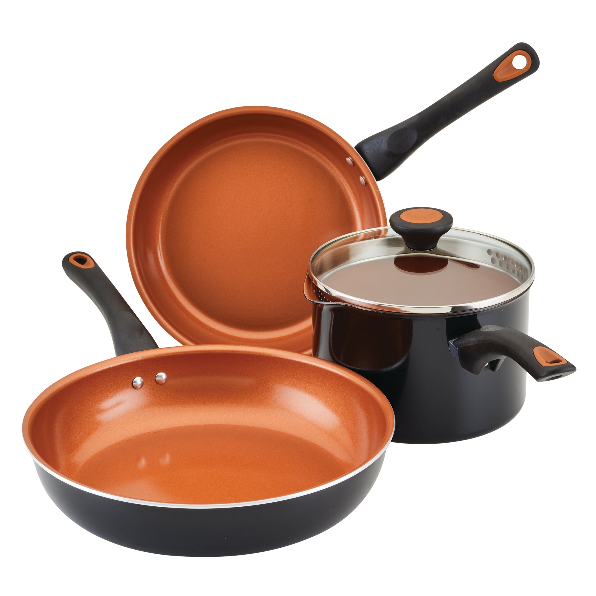 Discover the outstanding quality of the 3 Piece Kitchen Essentials Bundle with Lid, featuring three copper-colored nonstick cookware pans enhanced by CopperSlide technology for easy cooking and cleaning. Each pan is designed with a stylish black handle and comes with a matching lid for added convenience.