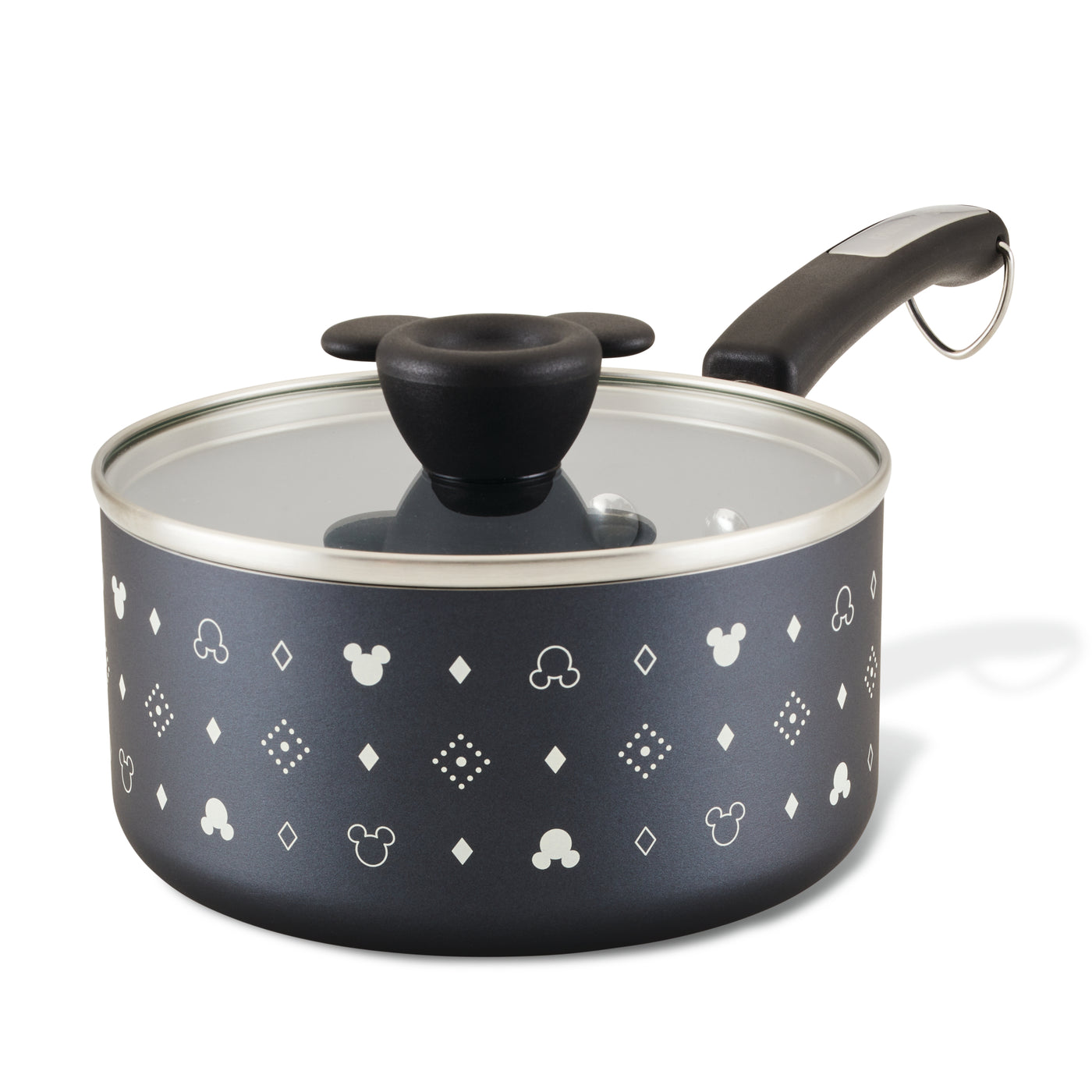 The 2-Quart Monochrome Ceramic Nonstick Saucepan with Lid features a distinctive patterned design and a glass lid with a uniquely crafted handle, seamlessly blending function with flair.