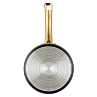 A non-stick saucepan with a golden handle and a circular patterned base, crafted from forged aluminum, named the Forged Induction Ceramic 3-Quart Sauce Pan With Lid.