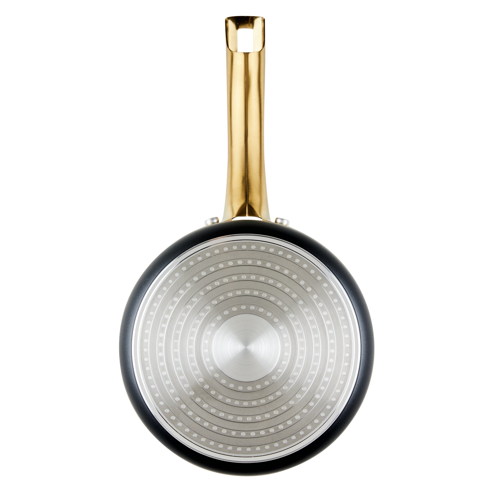 A non-stick saucepan with a golden handle and a circular patterned base, crafted from forged aluminum, named the Forged Induction Ceramic 3-Quart Sauce Pan With Lid.