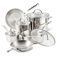 Millennium Stainless Steel 10-Piece Cookware Set with lids on white surface.
