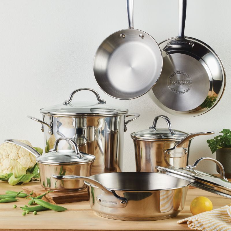 Millennium Stainless Steel 10-Piece Cookware Set on a kitchen counter.