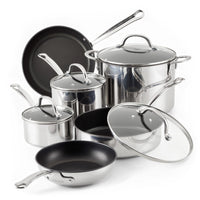 Millennium Nonstick Stainless Steel 10-Piece Set with glass lids, dishwasher safe.