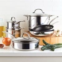 Millennium Nonstick Stainless Steel 10-Piece Set on counter; oven safe design.