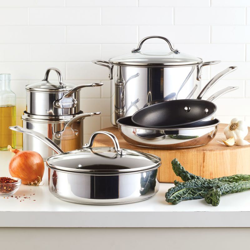 Millennium Nonstick Stainless Steel 10-Piece Set on counter; oven safe design.