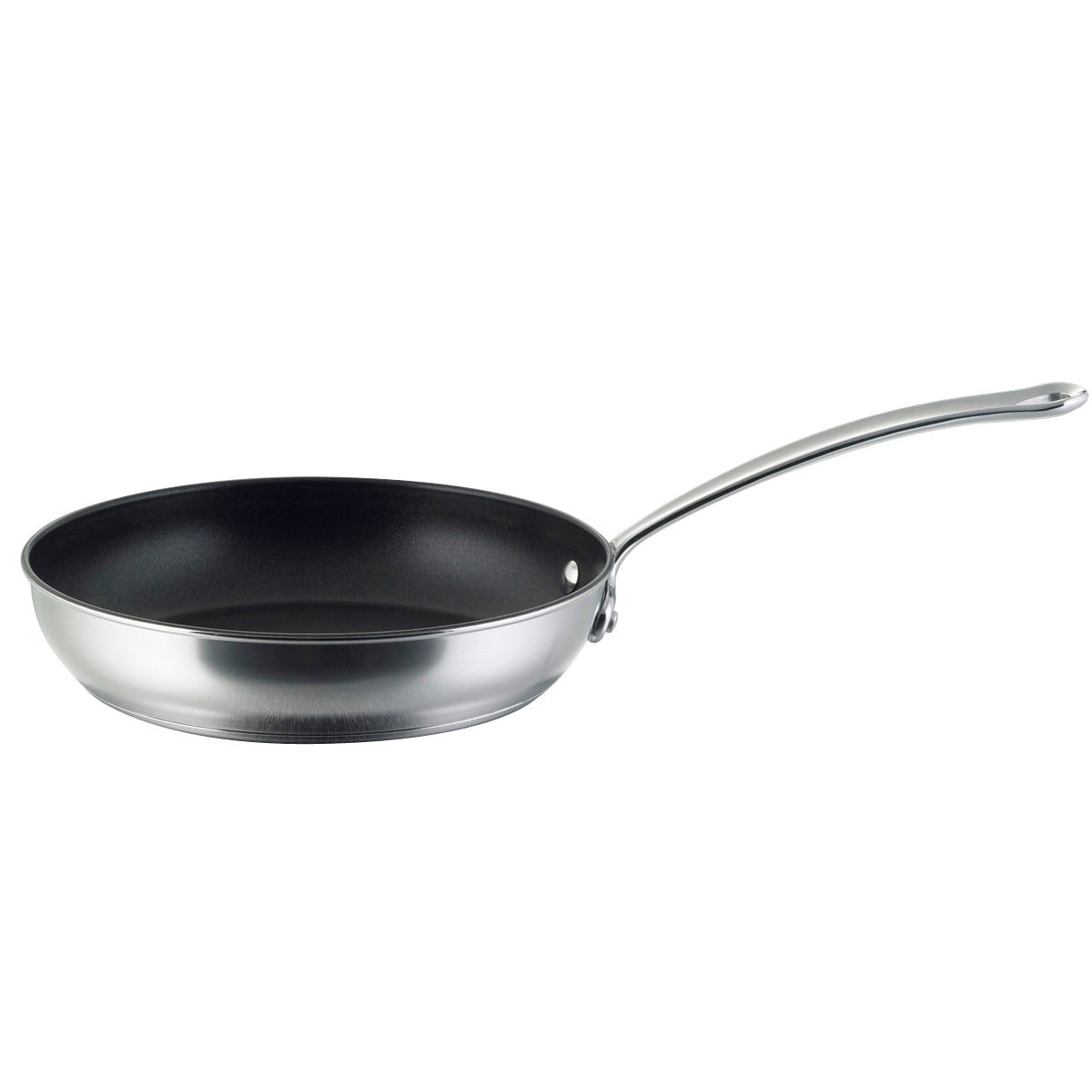 From the Millennium Nonstick Stainless Steel 10-Piece Set, this frying pan showcases a long handle and is beautifully presented against a white background.
