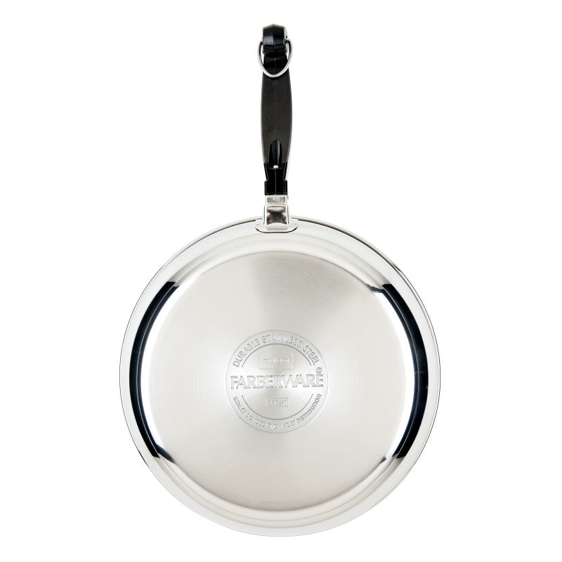 10-Piece Stainless Steel Classic Series Set with black-handled frying pan.