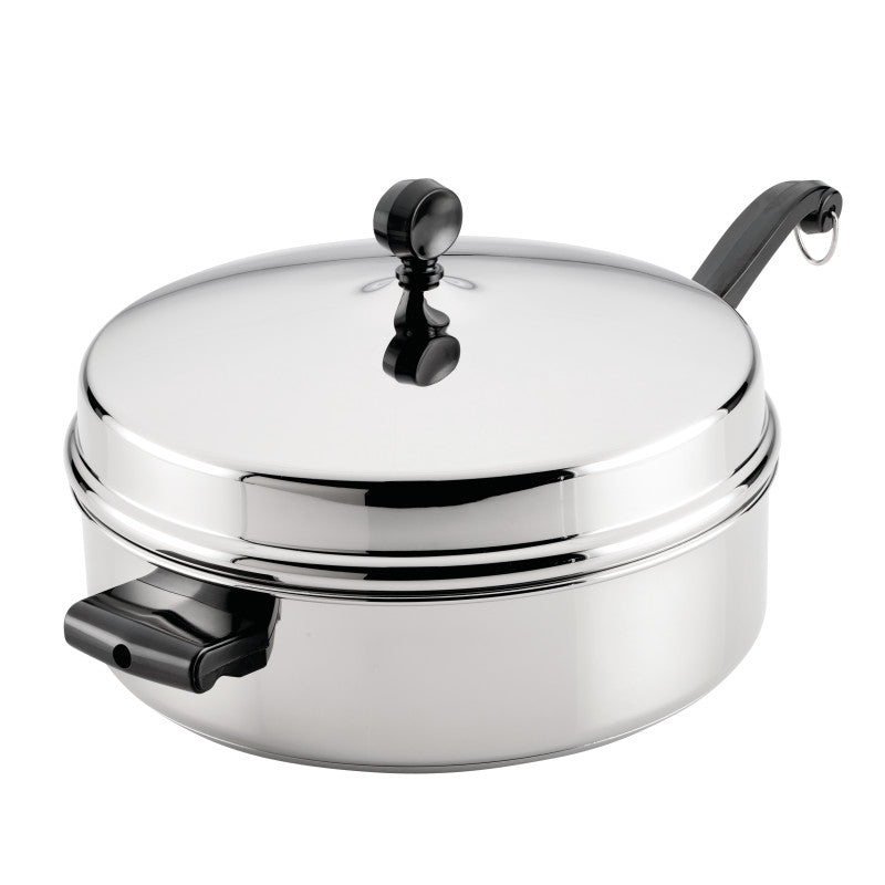 6-Quart Stainless Steel Anniversary Edition Saute Pan with lid and two handles.