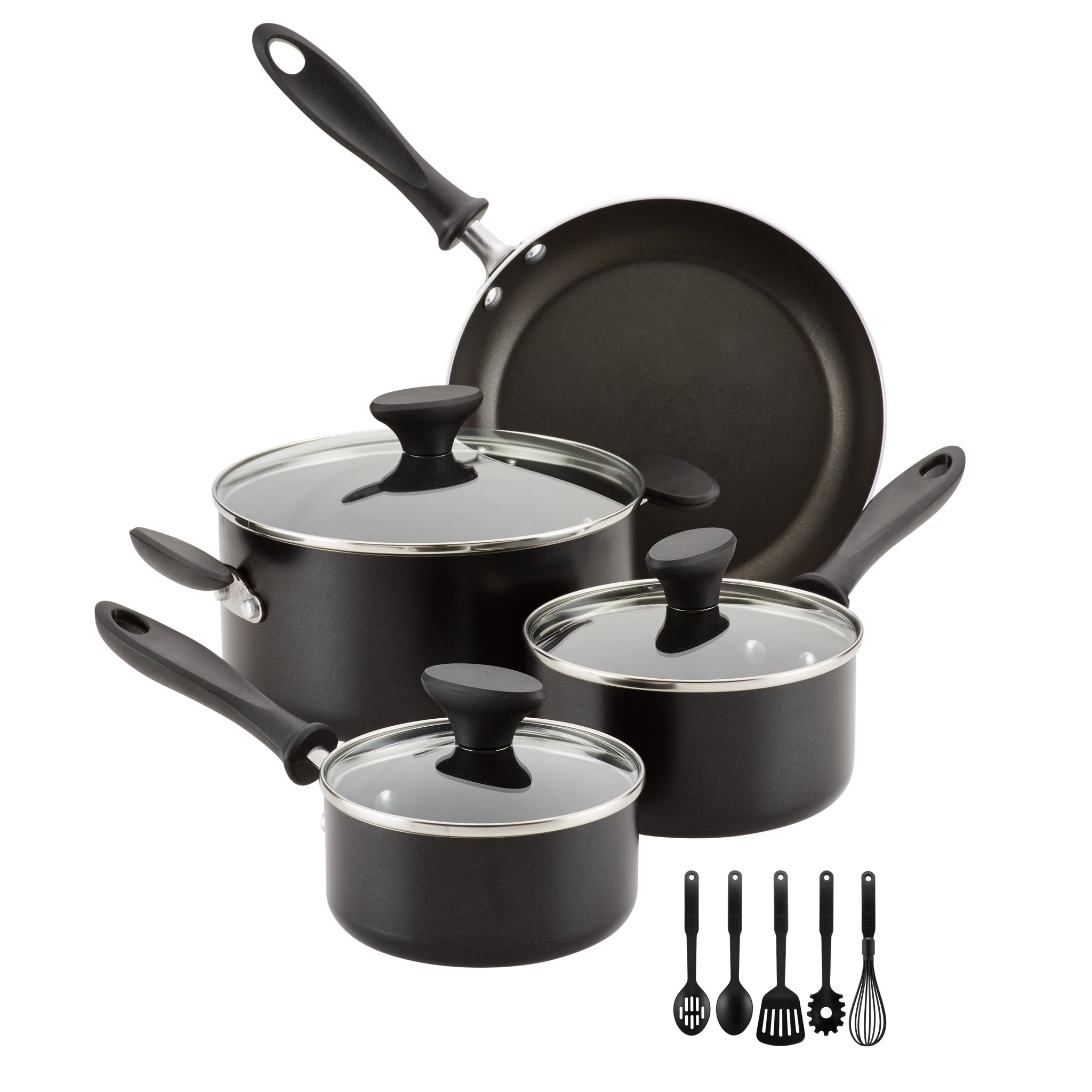 The 12-Piece Nonstick Cookware Set in black consists of aluminum pots and pans, complete with matching lids and a selection of cooking utensils.