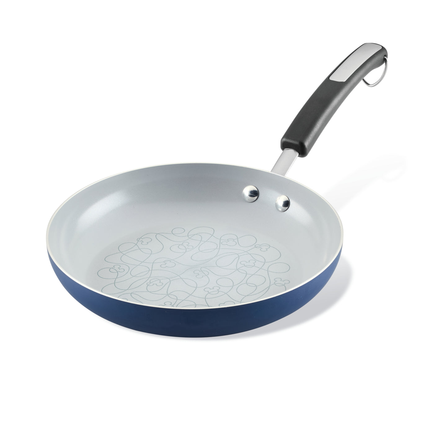 The Bon Voyage Ceramic Nonstick Frying Pan boasts a vibrant blue exterior and a sleek dark handle, making it perfect for embarking on your own nautical adventures in the kitchen.