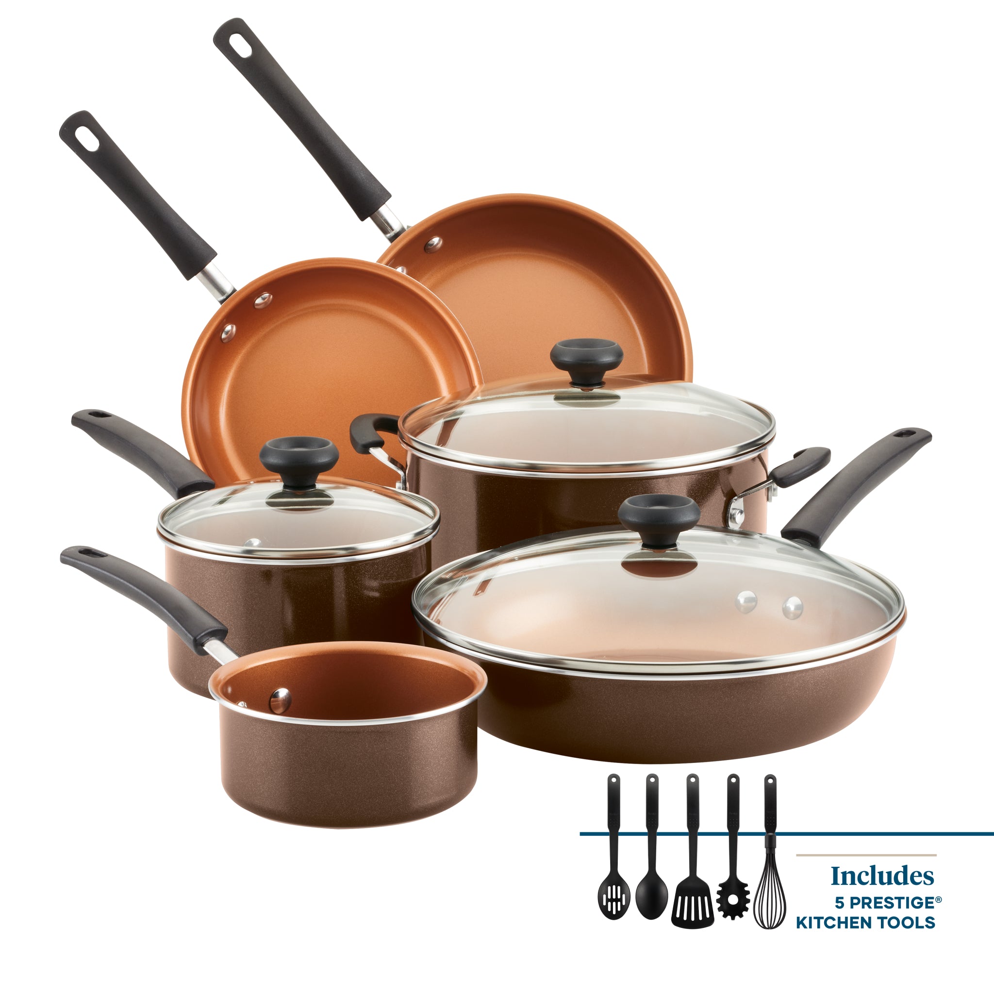 The 14-Piece Ceramic Nonstick Cookware Set includes pots, pans, lids, and kitchen tools, all conveniently dishwasher-safe.