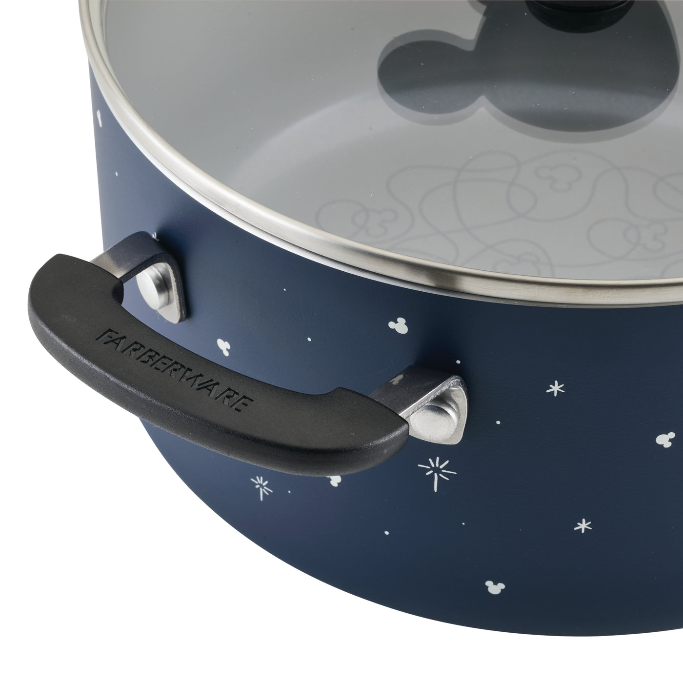 The Bon Voyage 5.5-Quart Ceramic Nonstick Stockpot with Lid, featuring a blue design with a clear lid and black handle, exudes playful vibrancy. Adorned with stars and inspired by Disney Mickey Mouse, it makes a delightful addition to any kitchen.
