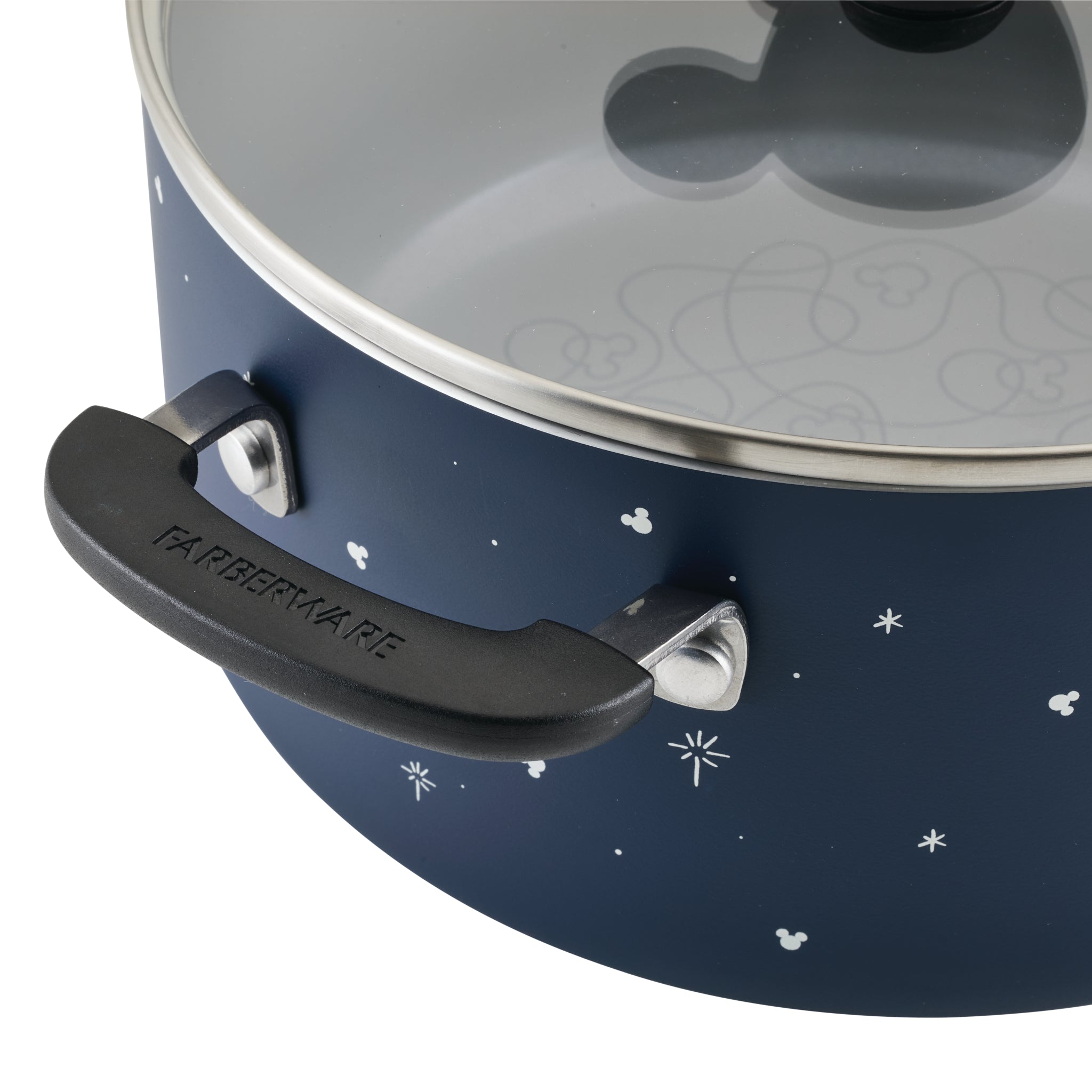 The Bon Voyage 5.5-Quart Ceramic Nonstick Stockpot with Lid, featuring a blue design with a clear lid and black handle, exudes playful vibrancy. Adorned with stars and inspired by Disney Mickey Mouse, it makes a delightful addition to any kitchen.