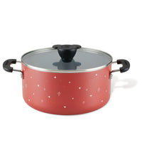 The Bon Voyage 5.5-Quart Ceramic Nonstick Stockpot with Lid features a striking red color, small white patterns, and black handles, evoking the playful charm of Disney's Mickey Mouse.