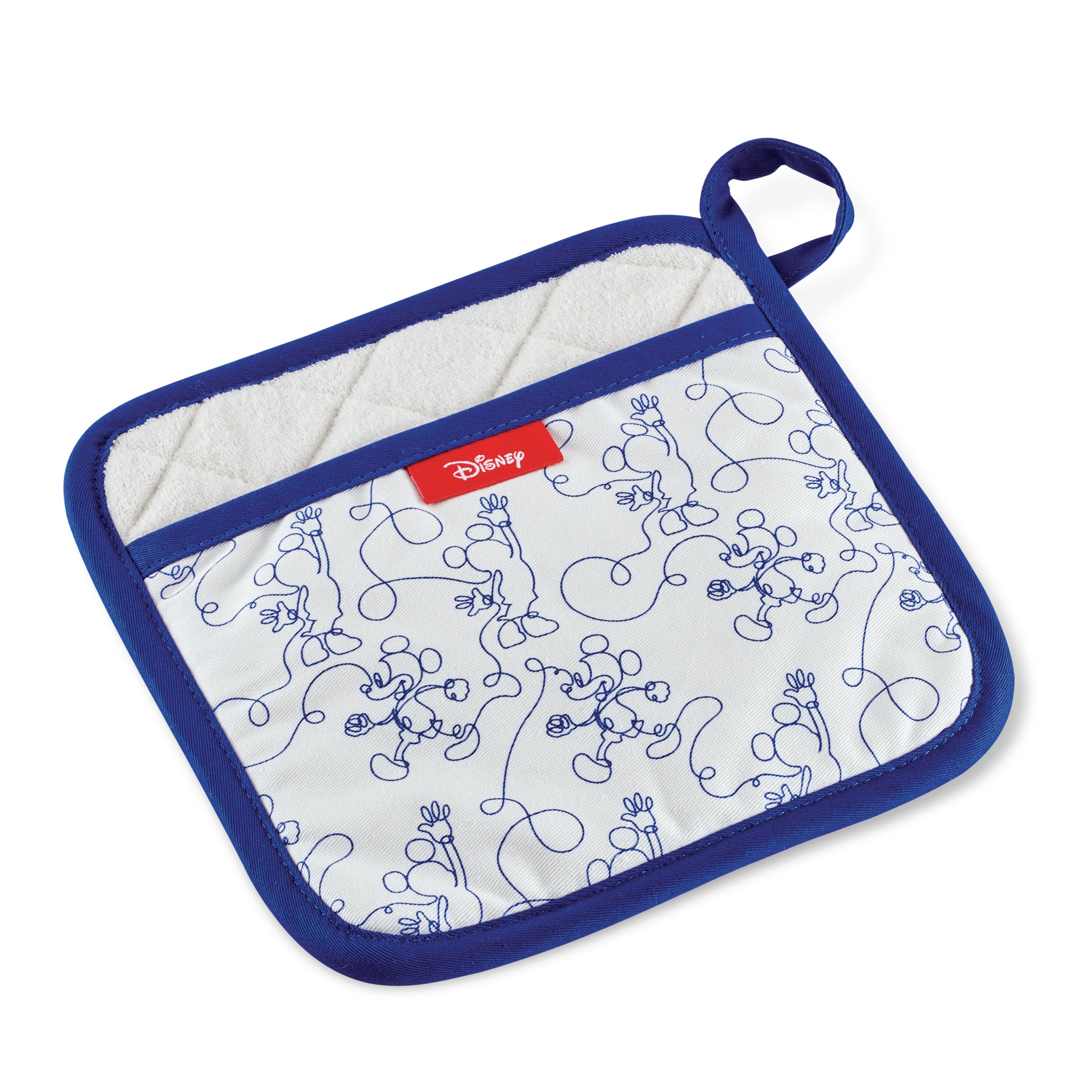 This Bon Voyage Pot Holder, adorned with a charming blue outline sketch of Mickey Mouse, is perfect for any Disney fan. It's a delightful piece of kitchenware that adds a touch of magical nostalgia to your culinary adventures.