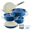 Introducing the 12 Piece Ceramic Nonstick Cookware Set in elegant blue, featuring lids and four black kitchen tools. All pieces are dishwasher-safe for easy cleaning.