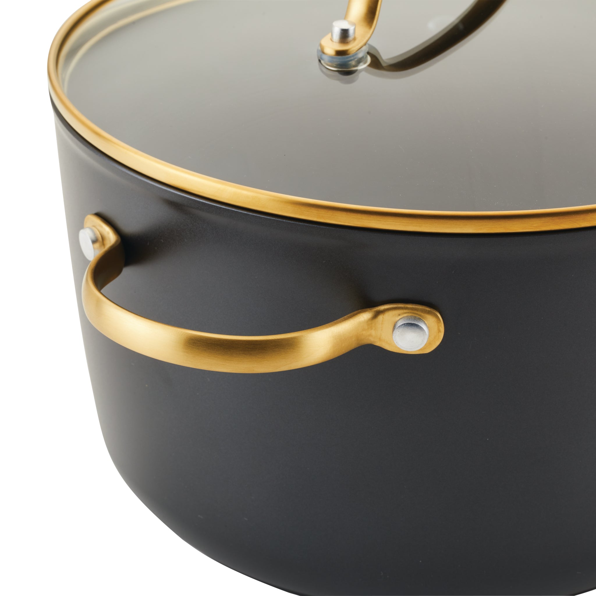 The Forged Induction Ceramic 6-Quart Stockpot with Lid features a black design with gold handles, a clear lid, and is crafted from durable forged aluminum. Its ceramic nonstick interior ensures effortless cooking, making it an essential addition to any induction-ready kitchen.