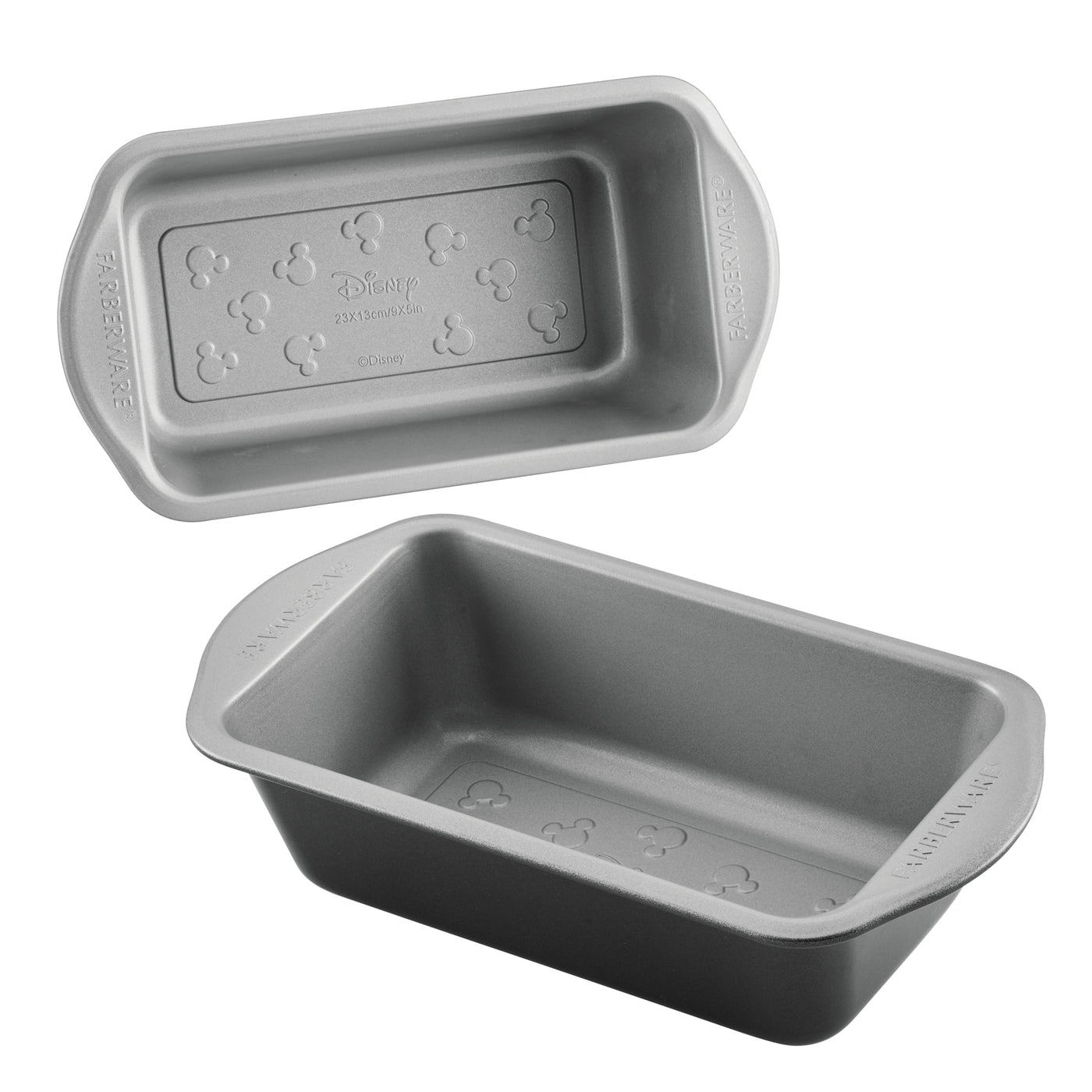 Two gray nonstick loaf pans with Mickey Mouse embossing on the base.