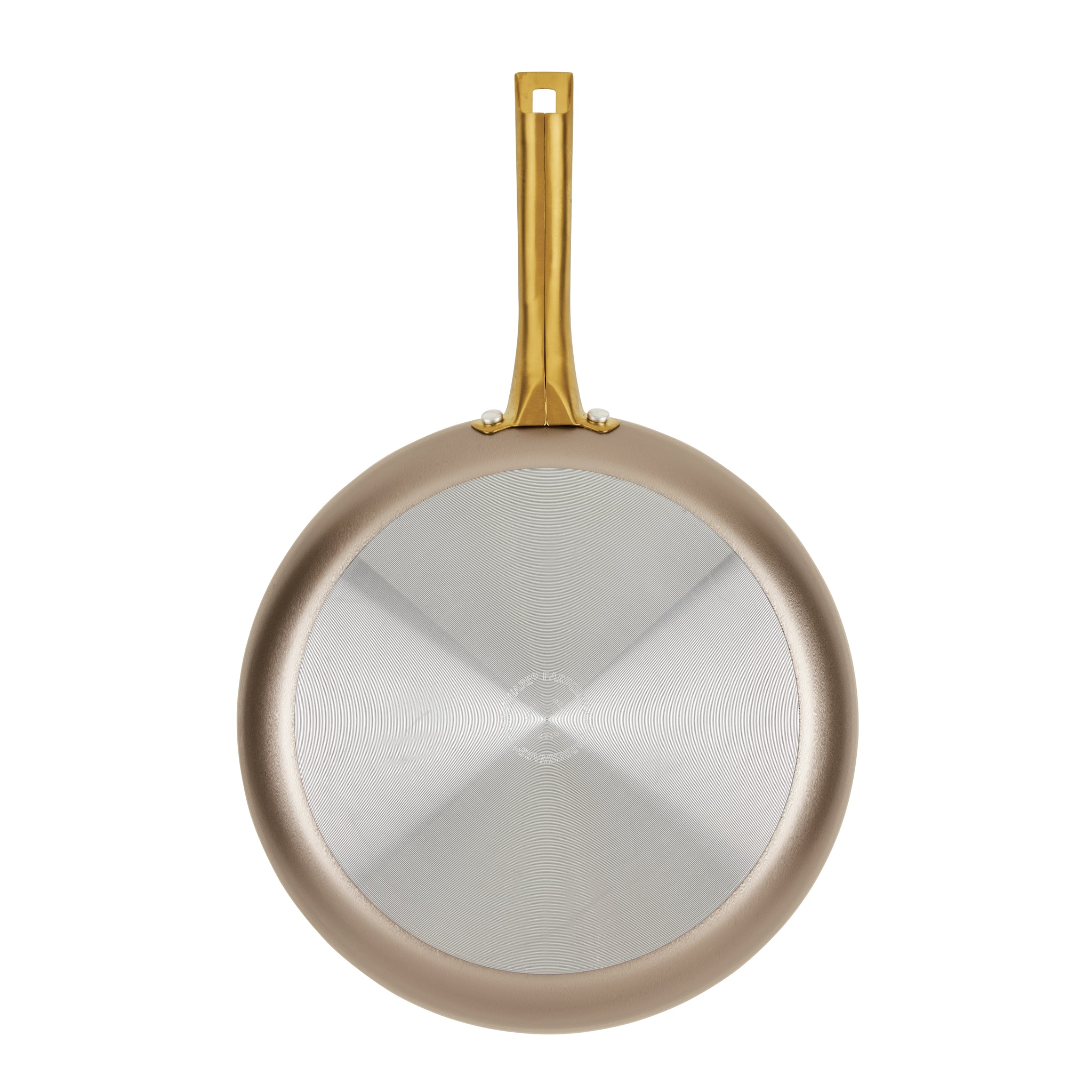 Radiant Nonstick Frying Pan in champagne color with a metal handle, highlighting its even heat distribution, viewed from the bottom side.