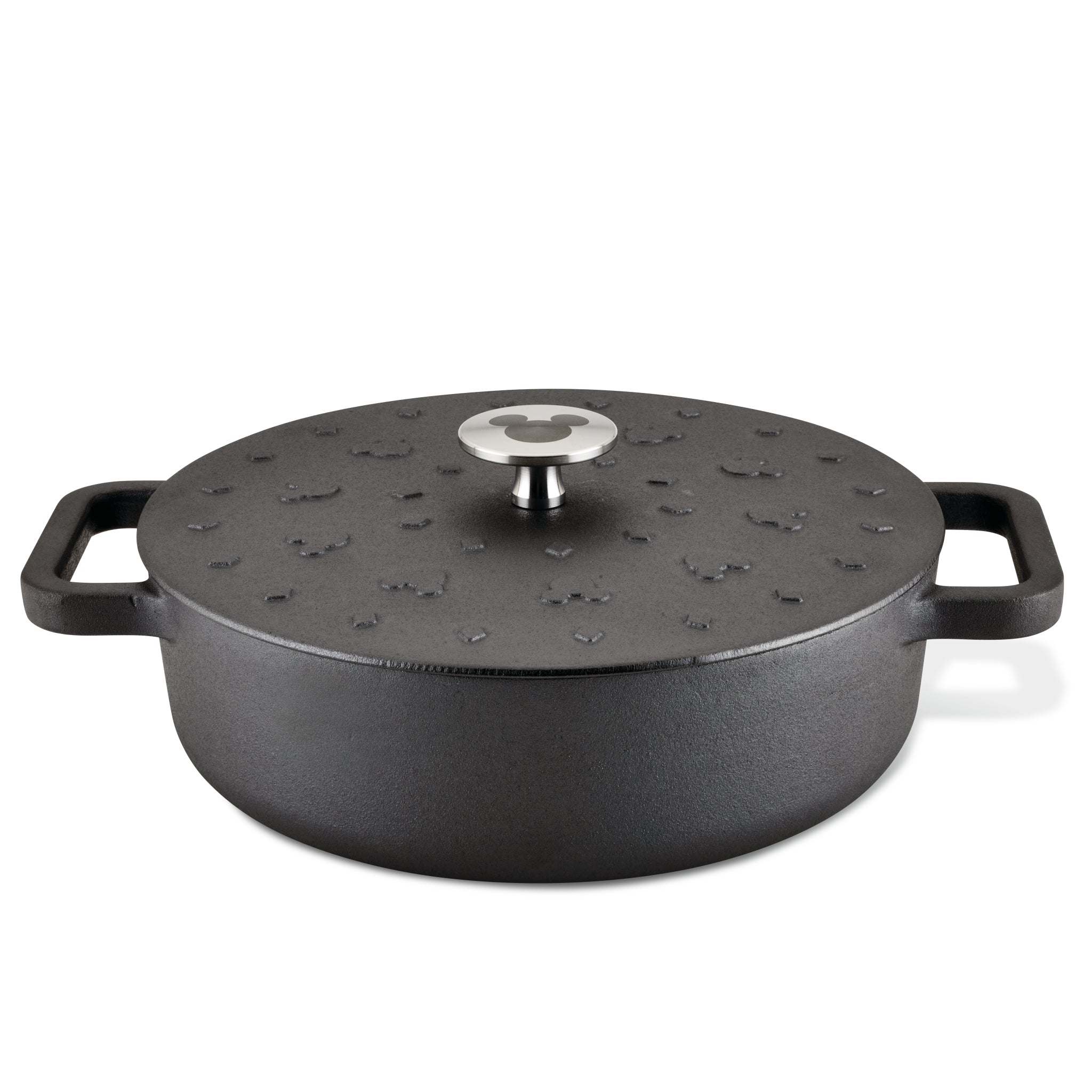 Experience the enchantment of cooking with our 3-Quart Monochrome Pre-Seasoned Cast-Iron Dutch Oven. This black pot features a textured lid and two sturdy handles, inspired by Disney Mickey Mouse cookware. It seamlessly blends practicality with a whimsical flair, making it an ideal addition to your Farberware Monochrome Collection.