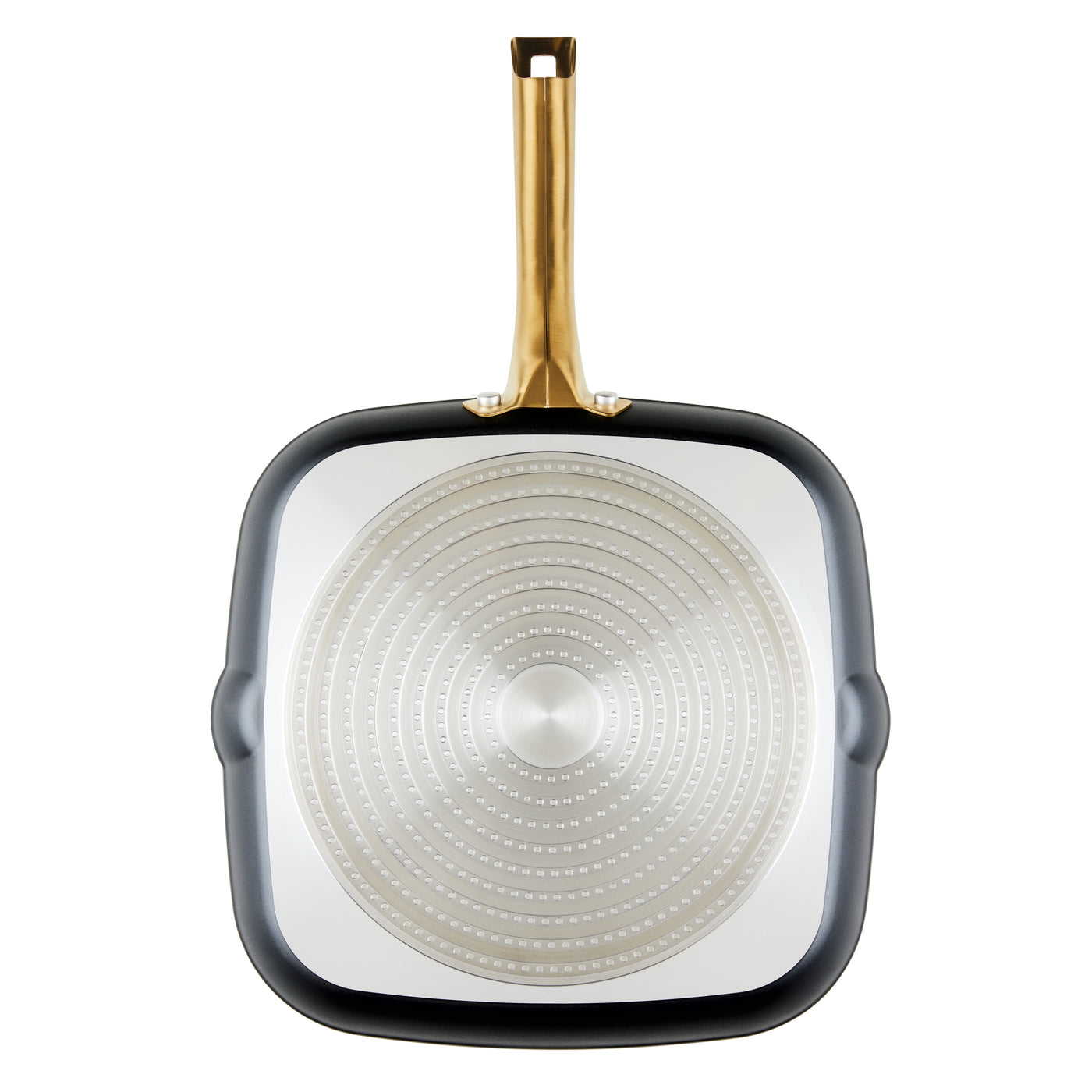 Forged induction ceramic 11-inch square grill pan with a long handle, viewed from above.