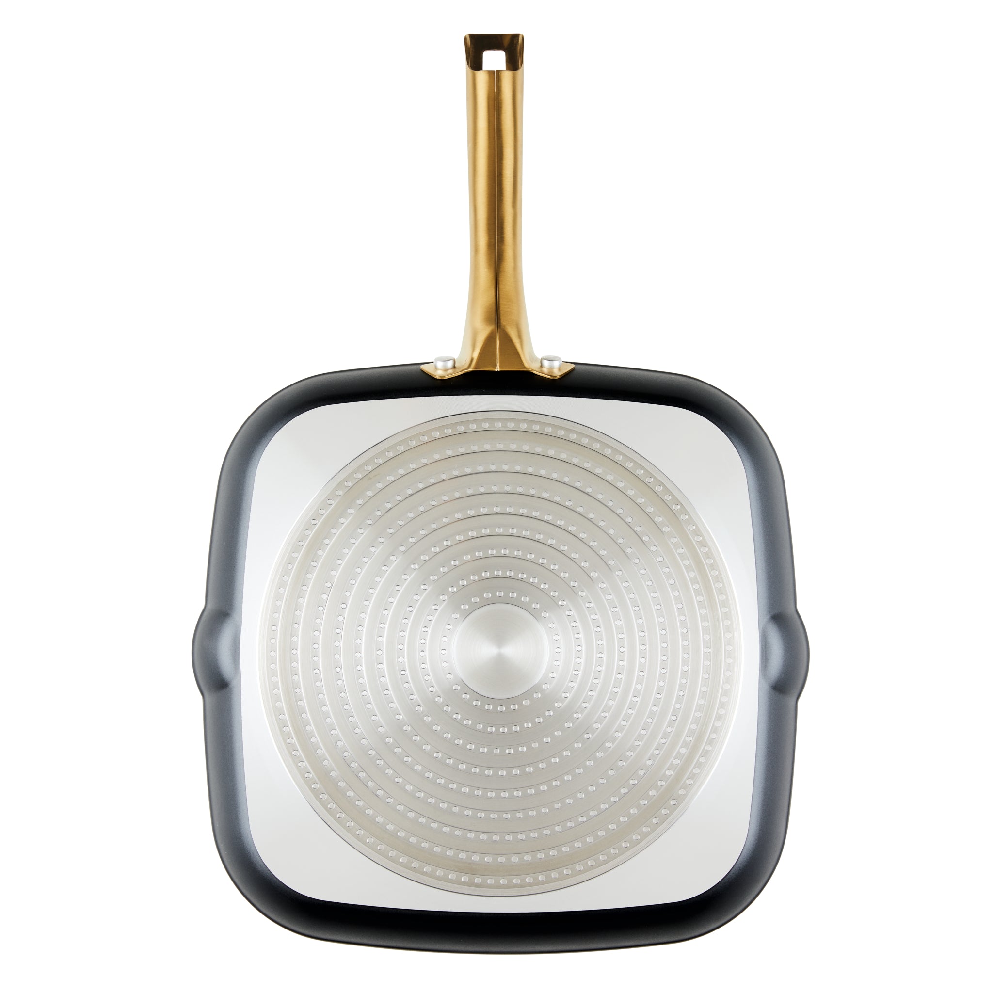 Forged induction ceramic 11-inch square grill pan with a long handle, viewed from above.