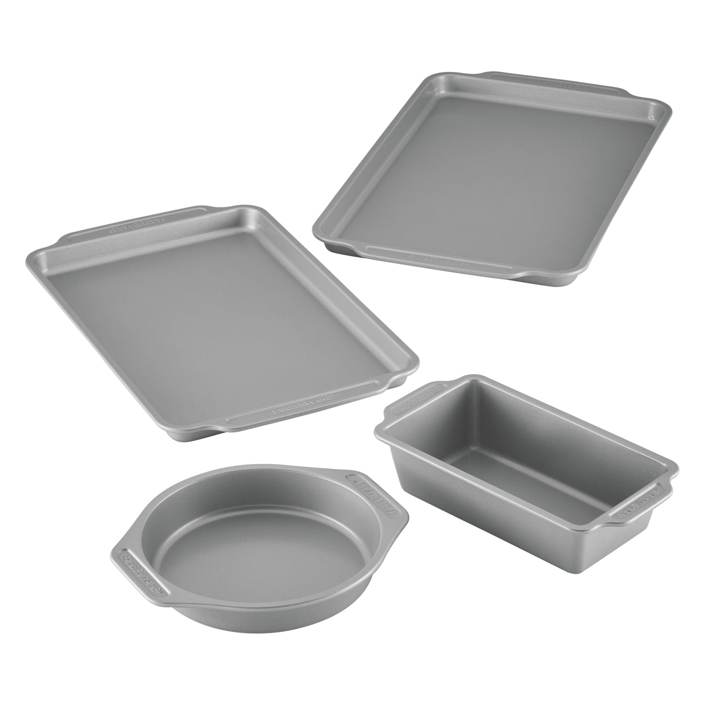 The 4-Piece Nonstick Bakeware Set, featuring silver pans in a variety of shapes and sizes, guarantees easy cleanup after crafting your culinary creations.