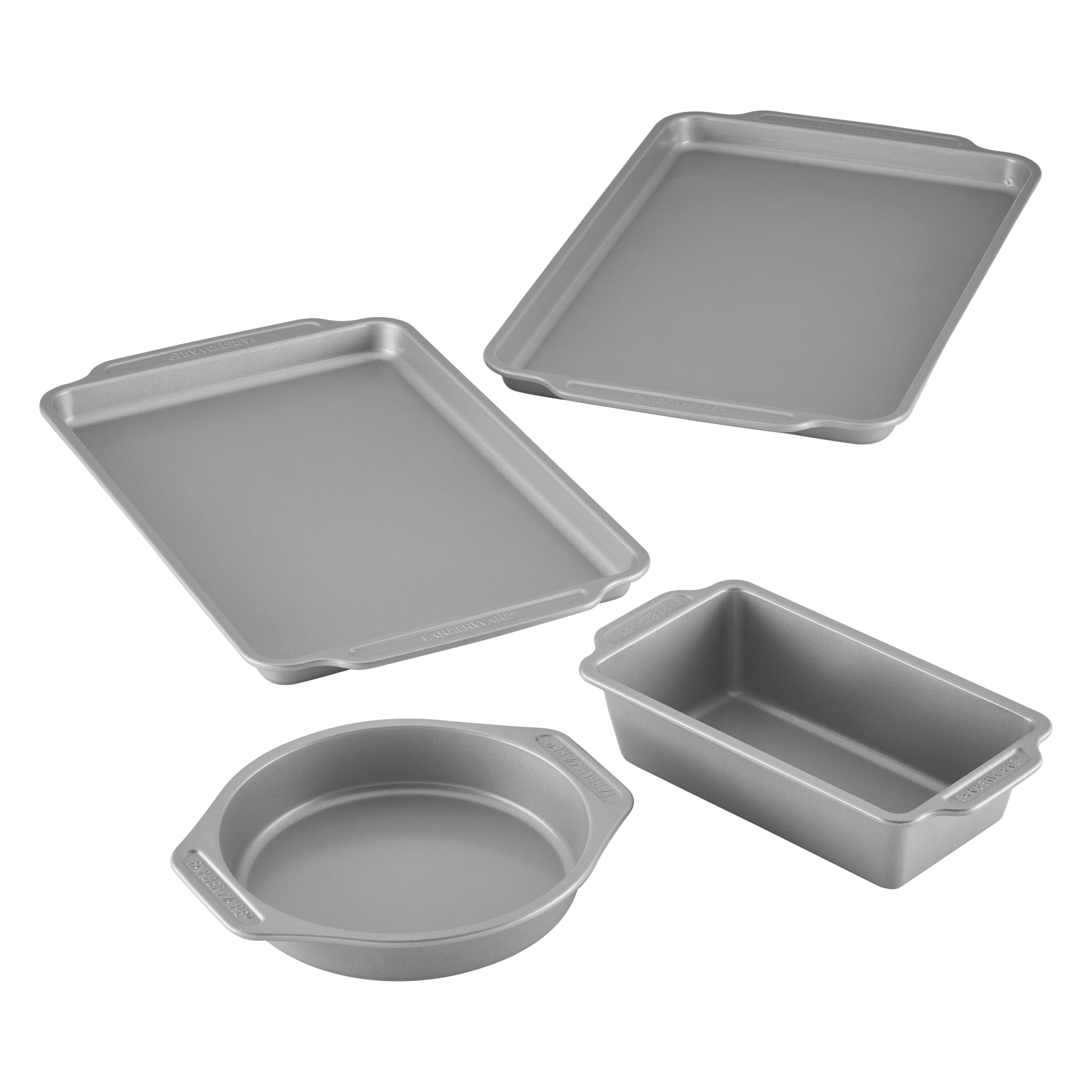 The 4-Piece Nonstick Bakeware Set, featuring silver pans in a variety of shapes and sizes, guarantees easy cleanup after crafting your culinary creations.