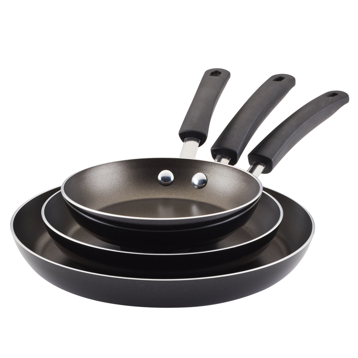 The 3-Piece Nonstick Frying Pan Set, crafted from heavy-duty aluminum with sleek black handles, highlights the exceptional performance of its DiamondMax™ nonstick coating.
