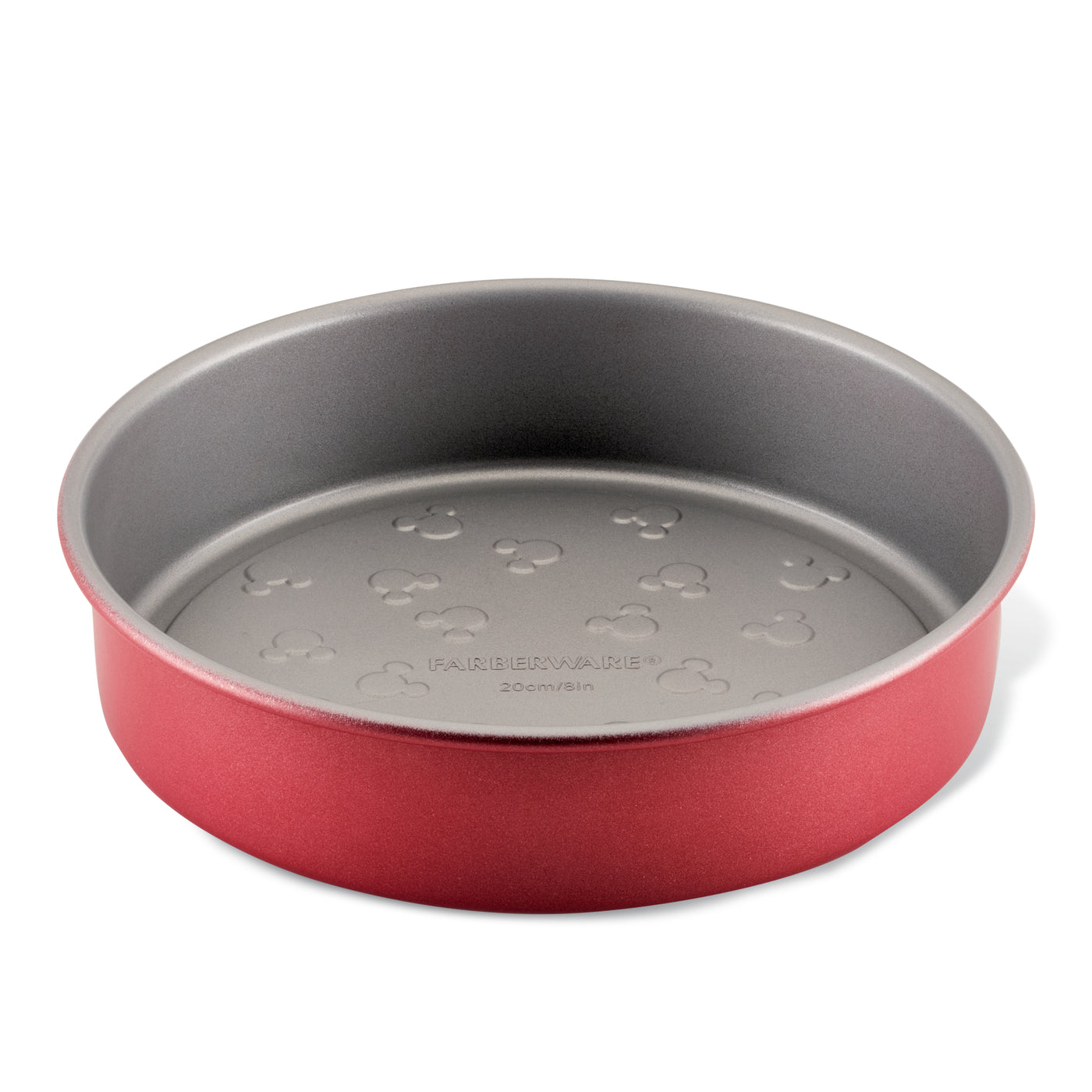 Farberware 8-Inch Nonstick Round Cake Pan, red and gray with embossed base.