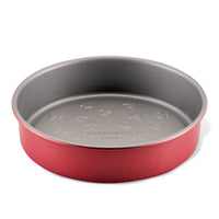 Farberware 8-Inch Nonstick Round Cake Pan, red and gray with embossed base.