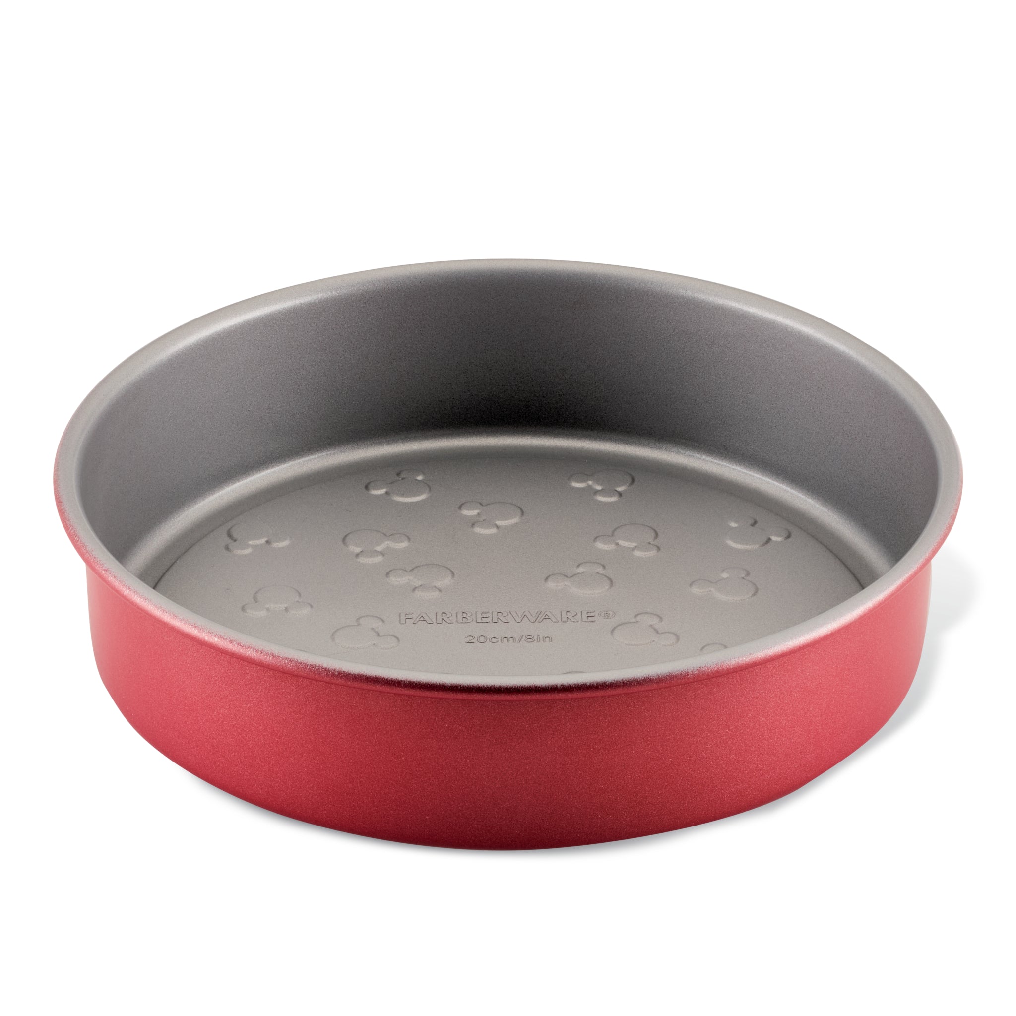 Farberware 8-Inch Nonstick Round Cake Pan, red and gray with embossed base.