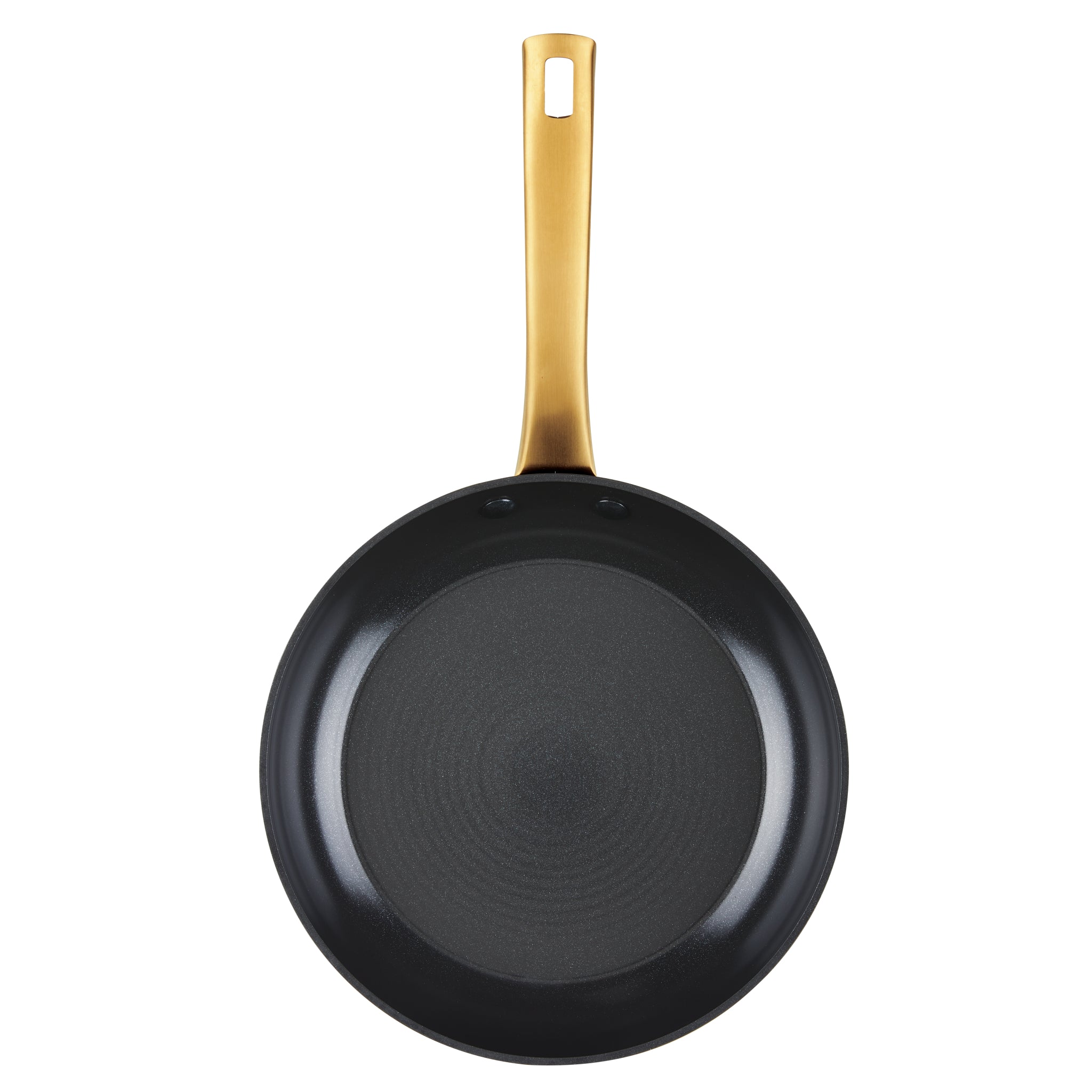 Displayed from above is a black frying pan with a golden handle, crafted from forged aluminum, part of the Forged Induction Ceramic 12-Piece Cookware Set.